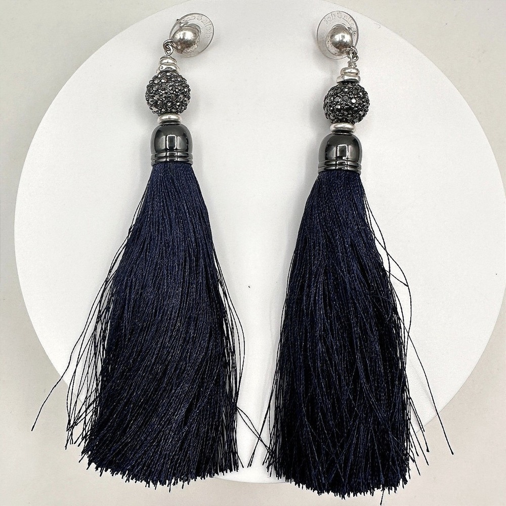 Vintage 80s Navy Tassel Stud Earrings Silver Tone Crystal Bead Women's Jewelry